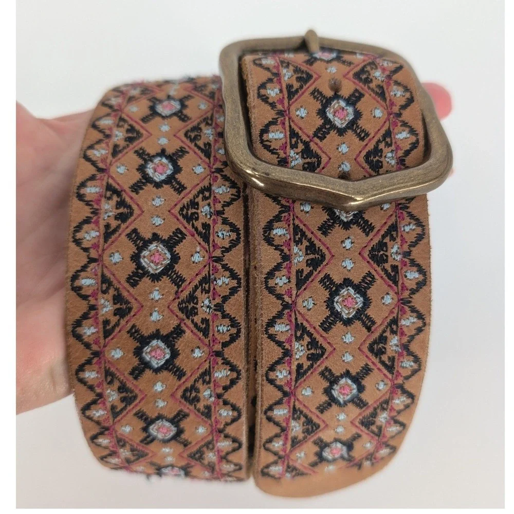 Lucky Brand Embroidered Leather Belt Womens S Brown Boho Brass Buckle 90s Y2K
